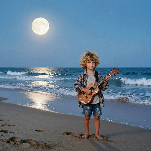 Childlike Figure on Moonlit Beach