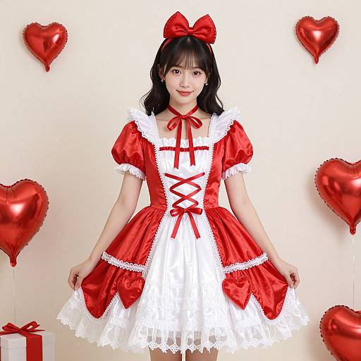 Asian woman in red and white frilly dress with lace trim, red bow headband, and heart balloons, smiling, standing against white background. Phot