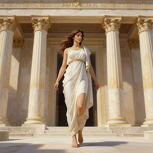 Photorealistic digital image of a brunette woman with flowing hair, wearing a white, classical Greek-style dress, walking barefoot in front of grand,