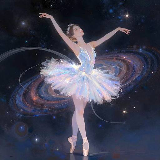 Photograph of a ballerina in a glowing, ethereal white tutu, standing en pointe against a cosmic, starry background with swirling