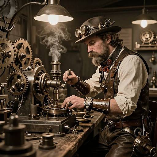 Steampunk inventor with beard, goggles, and leather hat, adjusts intricate mechanical device in dimly lit workshop, surrounded by gears and steam. Phot