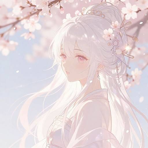 Digital anime-style drawing of a white-haired, pink-eyed woman with floral hair accessories, wearing a white kimono, surrounded by cherry blossoms.