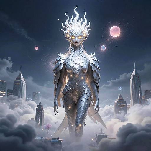 Ethereal Avian Humanoid in Surreal Cityscape