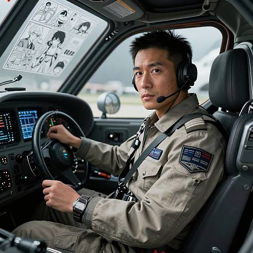 Determined Pilot in Futuristic Cockpit