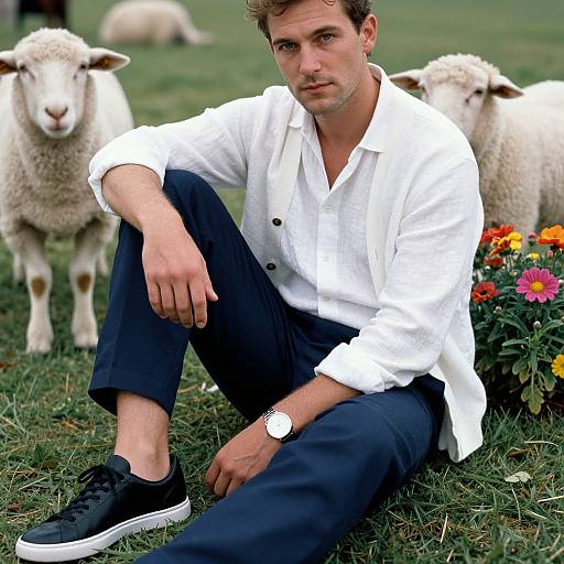 Photograph of a handsome, short-haired man in a white shirt and navy pants, sitting on grass with two sheep and colorful flowers in the background.