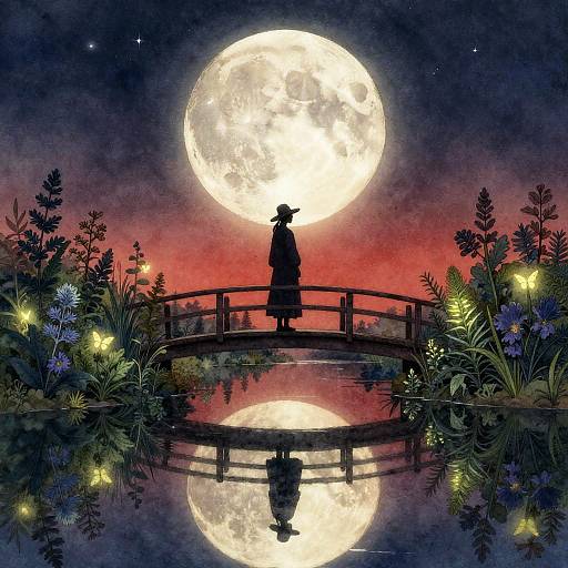 Silhouetted figure in hat stands on wooden bridge, reflecting moon over red sky, surrounded by flowers and glowing lights. Digital art.