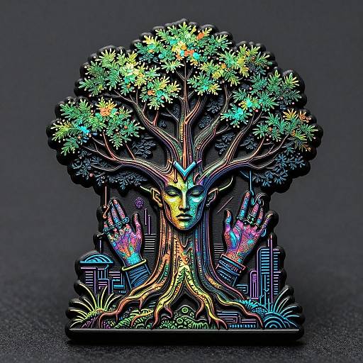 Vibrant, neon-colored digital artwork of a tree with a serene, glowing face, hands emerging from roots, and cityscape background.