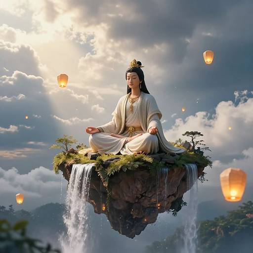 Digital artwork of an Asian woman in white robes meditating on a floating rock with waterfall, surrounded by glowing lanterns and clouds.