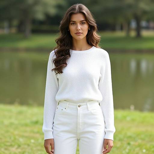 Photograph of a young woman with long, wavy brown hair, wearing a white, long-sleeve knit top and white high-waisted