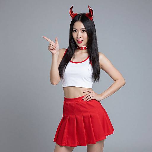 Photograph of an Asian woman with long black hair, red devil horns, white crop top, and red skirt, posing with a peace sign against a
