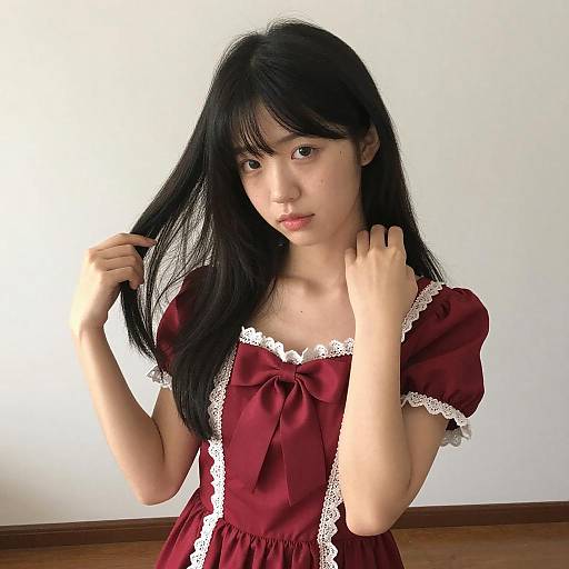 Shy Asian Woman in Red Dress