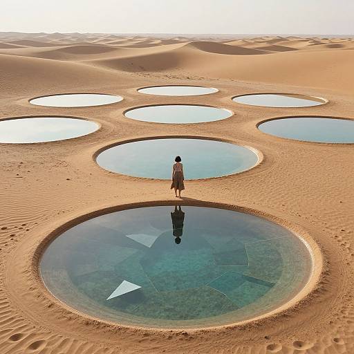 Photograph of a solitary figure in a long coat standing in a circular water pool in a vast, sandy desert with multiple circular pools reflecting the bright sky