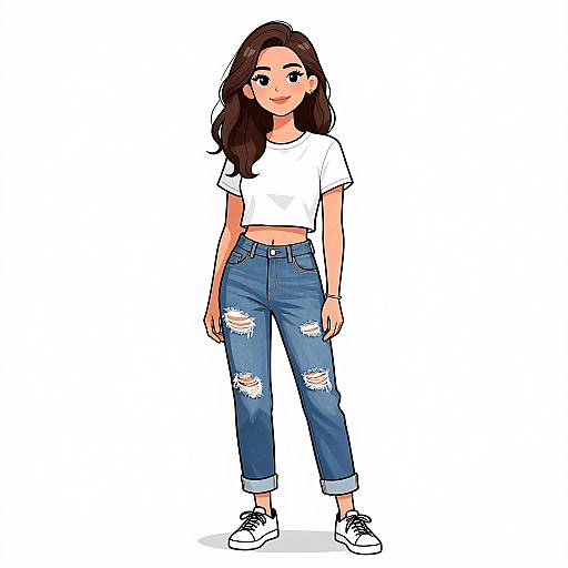 Digital illustration of a young woman with long brown hair, wearing a white crop top, ripped blue jeans, and white sneakers, standing against a white background