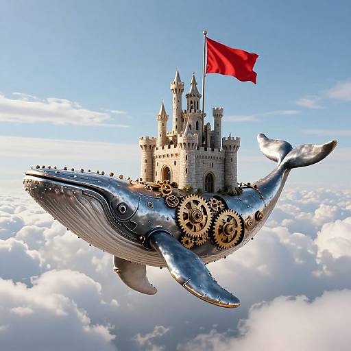 Fantasy illustration of a silver whale with gears, carrying a medieval castle with a red flag, soaring through a bright blue sky with fluffy white clouds.