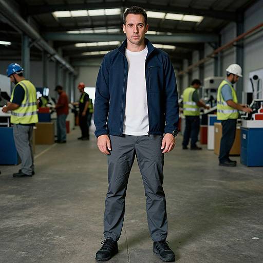 Photograph of a serious-looking man in a black jacket, white shirt, and gray pants standing in a dimly lit industrial warehouse with construction workers in