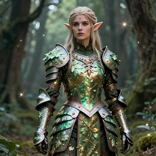 Digital artwork of a blonde, elf-like woman with pointed ears, wearing shimmering, green and gold armored armor in a mystical forest.