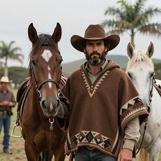 Confident Cowboy with Horses Under Palm Trees