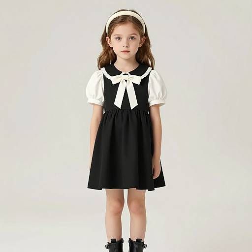 Photograph of a young Caucasian girl with light brown hair, wearing a black and white sailor dress, white headband, and black ankle boots, standing