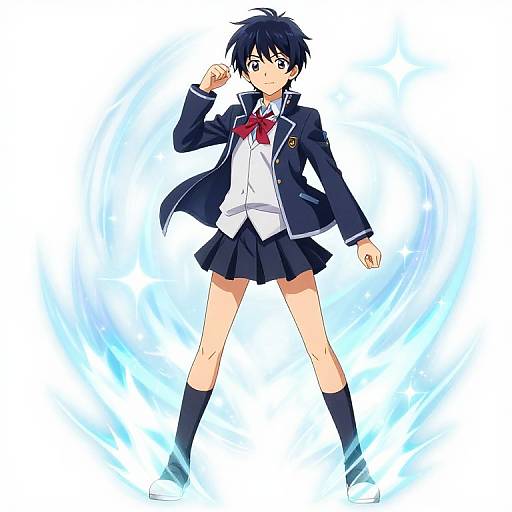 Anime-style drawing of a blue-haired, wide-eyed, schoolgirl in a navy blazer, white shirt, red ribbon, and pleated skirt,