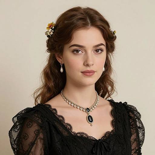 Photograph of a fair-skinned woman with wavy brown hair, wearing a black lace dress, floral hair accessory, teardrop earrings, and