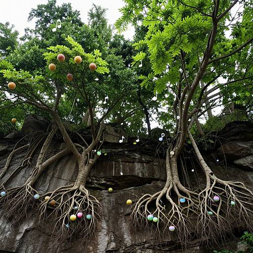 Photograph of two trees with exposed roots on a rocky cliff, adorned with colorful, spherical ornaments among green foliage.