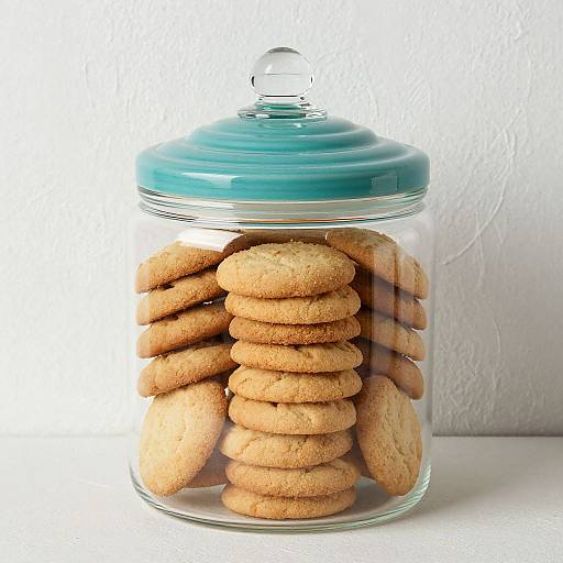 Photograph of a clear glass jar with a teal lid, filled with neatly stacked, round, golden-brown cookies, against a white textured wall.