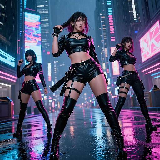 Digital art: Three fierce women in black leather crop tops and shorts, thigh-high boots, standing in a neon-lit, rainy city street. Cyber