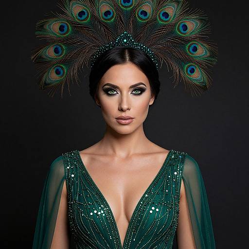 Photograph of a stunning woman with dark hair, wearing a deep green, sequined V-neck gown and a peacock feather headpiece, against a
