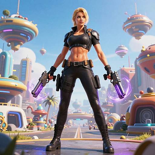 CGI image of a blonde, muscular woman in black tactical gear, holding glowing purple guns, standing confidently in a futuristic cityscape.