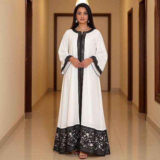 Photograph of a South Asian woman with long black hair, wearing a white traditional long dress with black lace trim, standing in a brightly lit, narrow