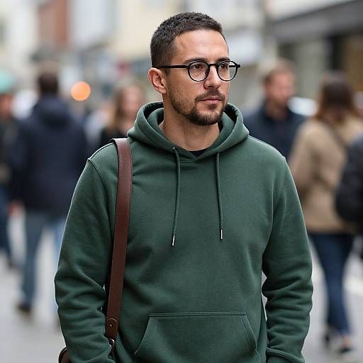 Photograph of a bearded, short-haired man with glasses, wearing a green hoodie and brown strap, walking in a blurred, busy urban street.
