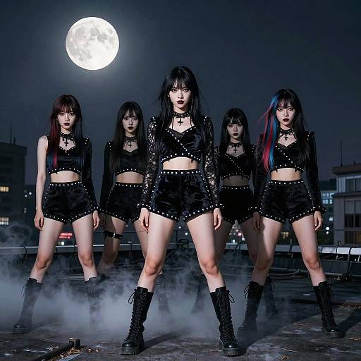 Goth Cheerleaders on Moonlit Rooftop