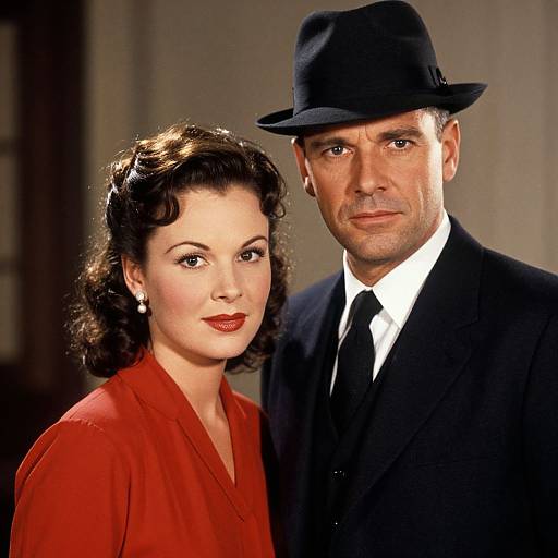 Vintage photograph of a man and woman; woman with red dress and curled hair, man in black suit and fedora.