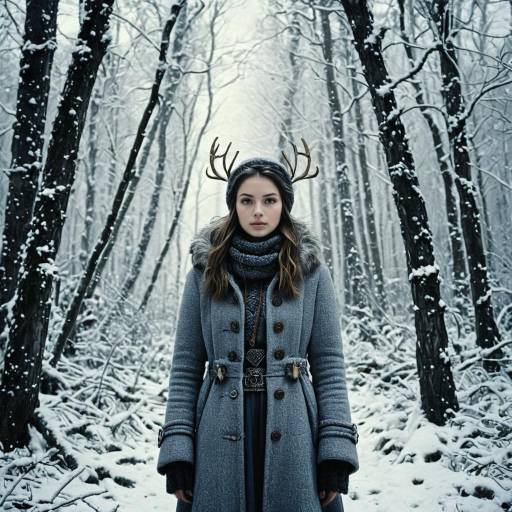 Fantasy Woman in Winter Forest with Antler Hat