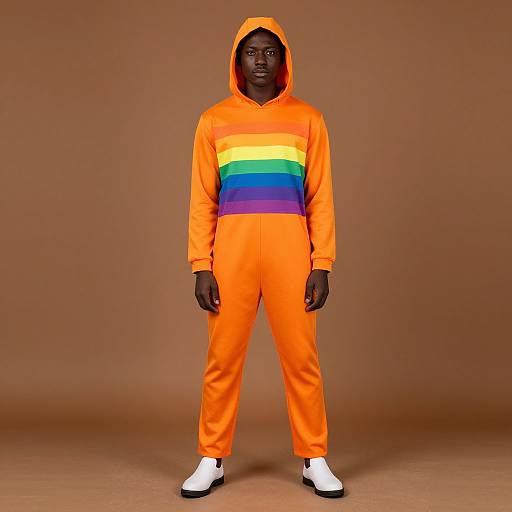 Photograph of a dark-skinned man in an orange hoodie with rainbow stripe, matching orange pants, standing against a brown backdrop. He wears white socks