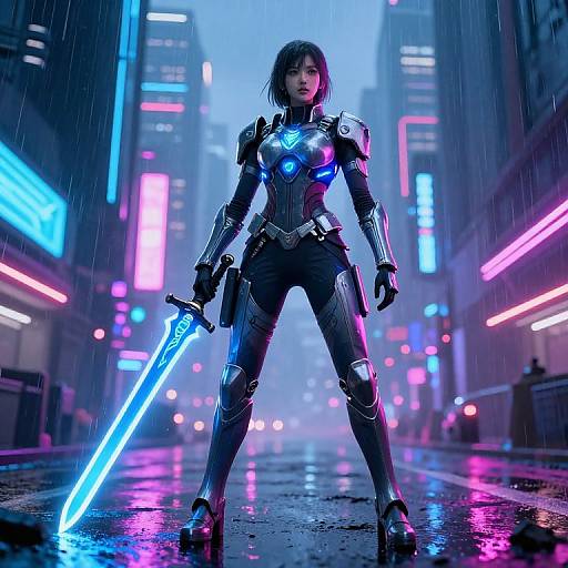 CGI cyberpunk scene: armored woman with blue glowing lights, holding a glowing blue sword, standing in a neon-lit, rainy city street.