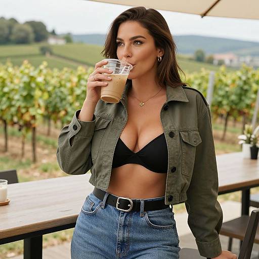 Photograph of a woman with medium skin tone, dark brown hair, black bra, green jacket, high-waisted jeans, sipping iced