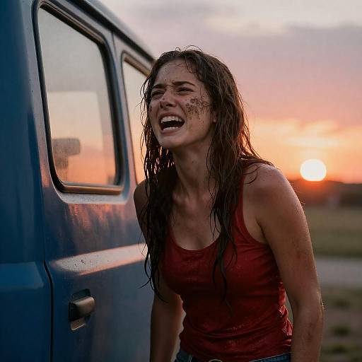 Emotional Woman by a Truck at Sunset