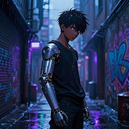 Cyberpunk Anime Boy in Rainy Alley