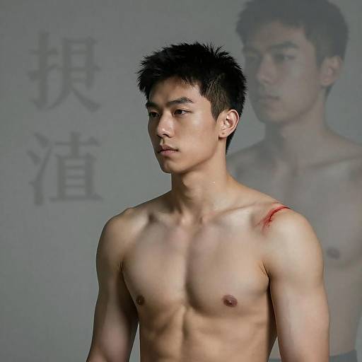 Shirtless Asian man with shoulder scar