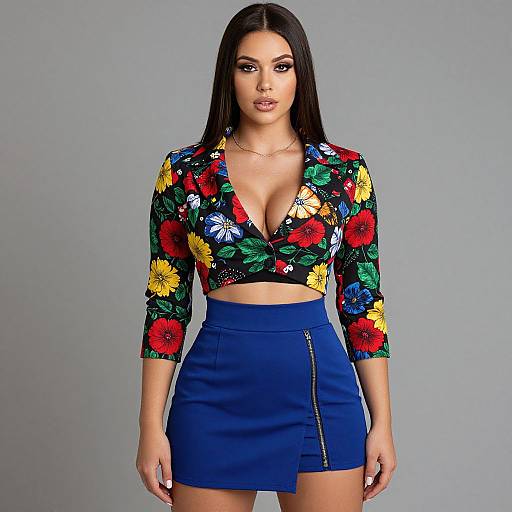 Photograph of a woman with long black hair, wearing a floral crop top with deep V-neck, blue high-waisted mini skirt, and silver