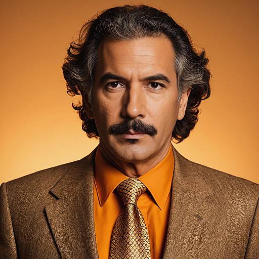 Middle-Aged Man in Tan Suit and Orange Shirt