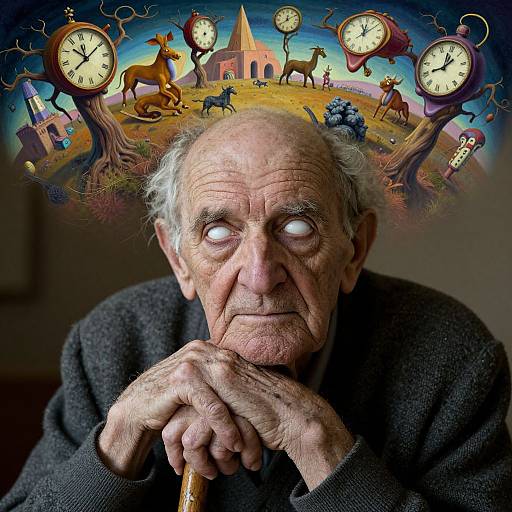 Photograph of elderly man with pale, glowing eyes, white hair, wrinkled face, black sweater, hands clasped, surreal clock-filled dream background