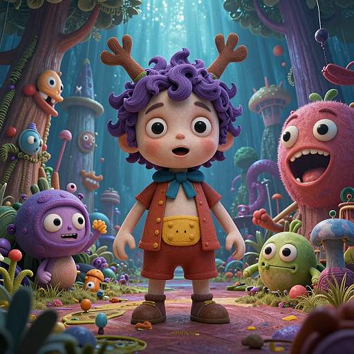 CGI fantasy forest scene of a cute, curly-haired child with antlers, wearing a red jacket and yellow pants, surrounded by colorful, whimsical