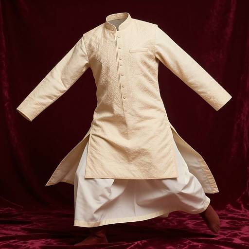 Photograph of a white, long-sleeved, button-up historical garment with a flared skirt, displayed against a dark red velvet backdrop.