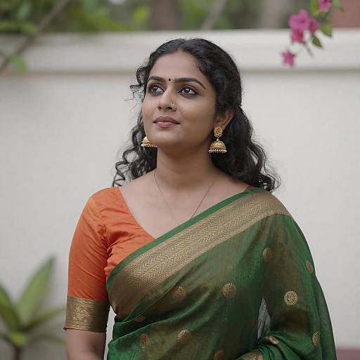 Woman in Green Saree with Gold Jewelry
