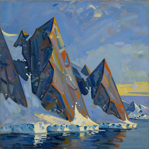 Impressionistic painting of jagged, snow-covered mountains with blue and orange hues, reflected in calm water under a blue sky.