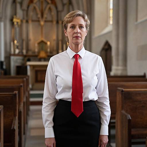 Photograph of a middle-aged woman with short brown hair, wearing a white shirt, red tie, and black skirt, standing in a dimly lit