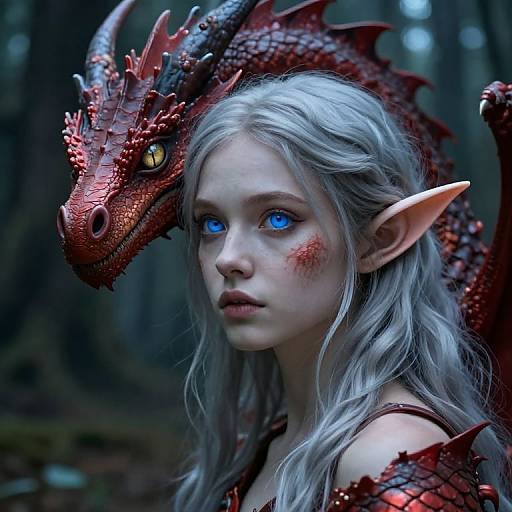 Digital artwork of a pale-skinned, blue-eyed elf girl with long silver hair, wearing a red-scaled dragon helmet, in a dark forest.