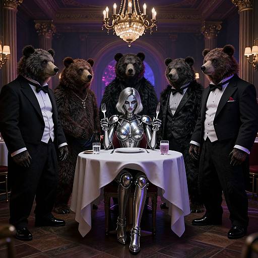 Photograph of a surreal scene: four anthropomorphic bear suits in tuxedos surround a metallic humanoid woman in armor, seated at a white-c